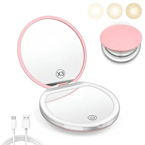 #Summervibes Portable Foldable Makeup Mirror, 1 Count Glam Travel Makeup Mirror with LED Light, Compact Cosmetic Mirror for Women, Pocket Size Makeup Tools, Travel Hand Mirror