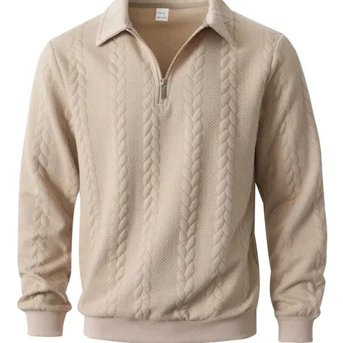 Men's Autumn Winter Cable Knit Polo Neck Sweater Semi Zip Up Design Casual Stylish Must Have Wardrobe Essential Quarter Zip Pullover