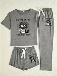 Women's Cartoon Coffee Cat Print Sleepwear, Loungewear Set, Cute Pajama Sets, Fitted Casual Pajamas for All Seasons, Comfortable Three-Piece Nightwear, Pyjamas, Pjs, Womenswear
