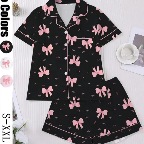 Women's Valentine's Day Sleepwear Set, Bow Print Pajamas, Short Sleeve Button-Up Top & Elastic Shorts, Casual Home Wear Loungewear