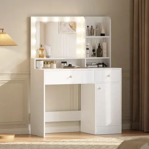[DealsForYouDays] Vanity Desk with Large HD Mirror ,9-Drawers Dressing Table Power Outlet,3 Color Modes,12 LED Bulbs for Girls Bedroom,Gift for Daughter Wife & Mom Girls Bedroom Essential,dorm essentials,home decor
