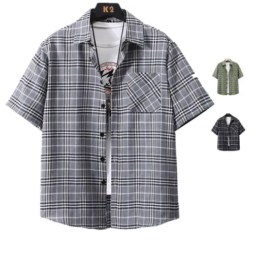 Men's Casual Plaid Turn-Down Collar Buttoned Short Sleeve Shirt with Pocket on Front Suitable for Summer Wear
