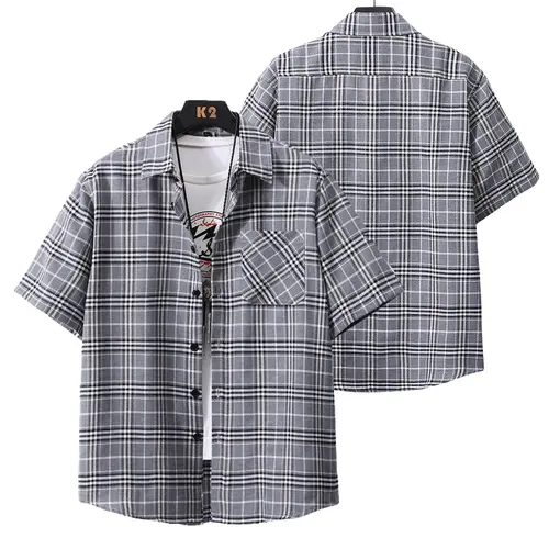 Men's Classic Plaid Fitted Cut Short-Sleeve Polyester Collared Buttoned Shirt - Casual Chic Basic Top with Turn-Down Collar, Front Pocket, Ideal for Summer Everyday Wear, Boyfriend Birthday Gift