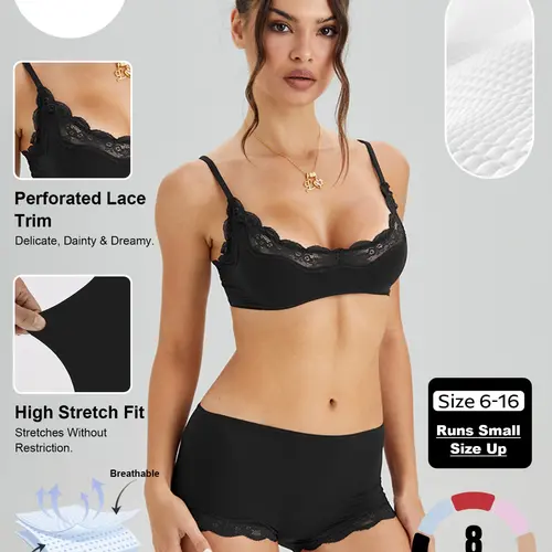 Women's Lace-Trim Spaghetti Bralette & Low-Rise Panty Set, Solid Color Slightly Sheer Lingerie & Underwear Set, Seamless Breathable Sweat-Wicking Stretch Fit For Everyday Comfort