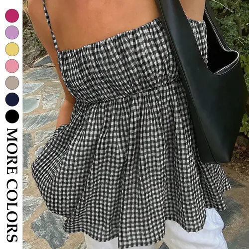 Women's Minimalist Plaid Ruffle Halter Top, Vacation Style, Casual Summer Wear, Stylish and Comfortable, Perfect for Daily