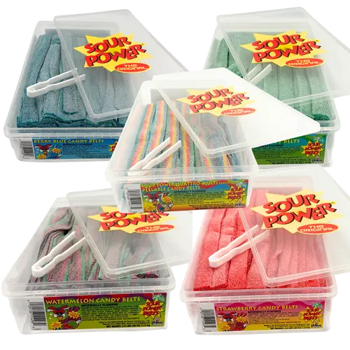 Sour Power Sour Strips 5 Flavors - Quattro(Rainbow) - Blueberry - Watermelon - Strawberry - Green Apple  - 2.5lbs Each Tub - 144 Sour Strips Per Tub - Pick your Flavor