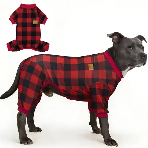 XPUDAC Red Holiday Plaid Dralon Dog Jumpsuit Shirt - Soft Breathable All-Season 1-Piece Pet Clothing with Pull-On Ease, Universal Fit for Thanksgiving Holiday Plaid Fun & Cozy Sleep, Pet Lovers' Pick