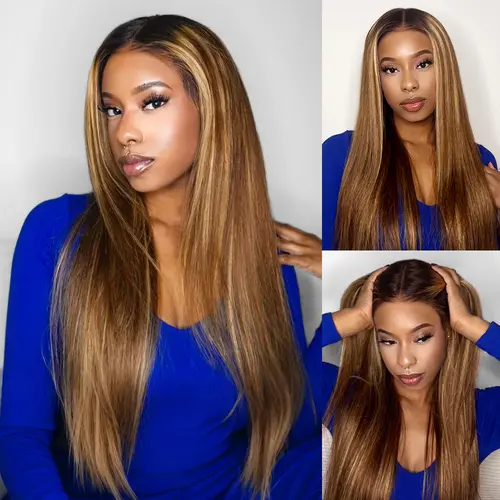 Megalook 13x6 HD Lace Three-Go Glueless Highlight Honey Blonde Wigs #2P427 Silky Straight With Drawstring 100% Human Hair Wig Put On Go Binner Friendly