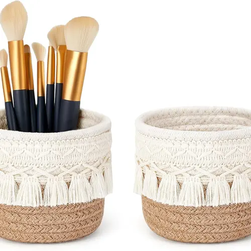 Boho Macrame Look Cotton Decorative Caddy Organizer - 1pc Multifunctional Universal Home Storage Box, Space-Saving Organizer for Beauty Products, Makeup Brushes (Home Supply Clutter Control), Mini