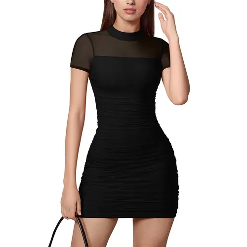 OYS Women's Sexy Short Sleeve Mock Neck Ruched Bodycon Mesh Sheer Cocktail Party Club Mini Dresses
