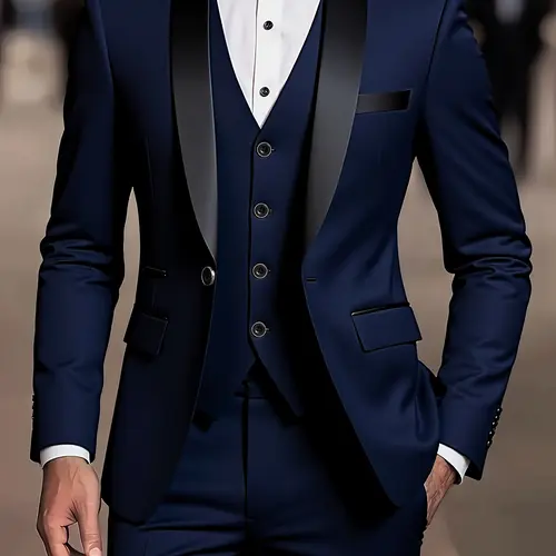 High-quality Men's Business Classic Tuxedo Suit, Blazer & Vest & Suit Pants Matching Set, Fashionable and Formal Wear for Work, Parties and Wedding, Male Professional 3-Piece Suit Workwear