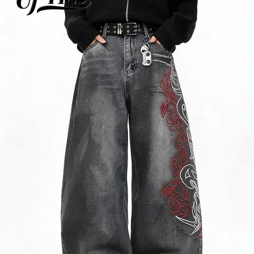 UP THE Men's Loose-Fit Wide Leg Baggy Jeans - Early 2000s Aesthetic Embroidered Totem Fabric Streetwear Clothing, Extra Baggy Men's Clothing for Skateboarders, Oversized Plain T-Shirt Compatible Bottoms