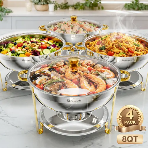 [sohochic] WARMOUNTS 9QT Gold Round Chafing Dish Bakeware - Heat-Resistant Bakeware with Glass/Stainless Steel Lid, Mirror-Polish Stainless Steel, Rolled Rim, Stackable Lid Holder for Buffet Table, Holiday Meals
