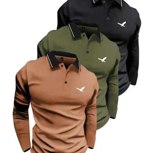 3-Pack Men's Polo Shirts, Long Sleeve Stretch Casual Tops with Simple Bird Print, Lightweight Slimming Fit for Outdoor & Business