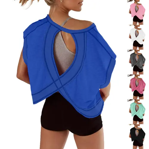Woodberry Women's Open Back Crop Tops, Oversized Short Sleeve Stretch Athletic Activewear Tees, Casual Yoga Running Streetwear T Shirts Women summerwins