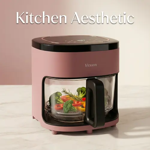 VEXON Blush Pink Glass Bowl Air Fryer 4.5QT - 6-in-1 Digital Smart Kitchen Household Appliance, Crispy Textures, 97% Less Oil, Quiet, Easy Clean, Cooking Made Easy, Perfect Gift