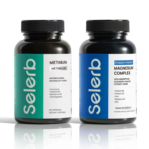 Selerb Magnesium Complex + Metaburn Bundle Capsules - 4 Types of Magnesium, B6, B12, D3, Zinc, Chromium, Berberine HCI, Slippery Elm, Ceylon Cinnamon - Anti-Stress Vitamins Supplements, Nighttime Multimineral