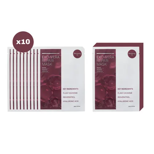 10 Pc KI Exosome Vera Repair Mask Revival Radiance Hydration Boost, Plant Exosome, Resveratrol, Hyaluronic Acid