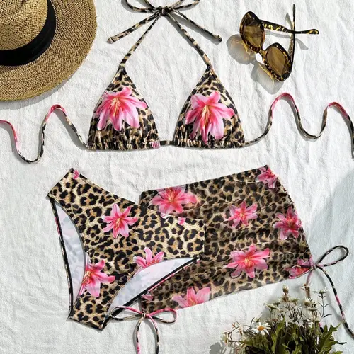 Women's Floral Print Bikini Set, Flower Print Bikini, Lace-Up Triangle Swimsuit, Sexy Beachwear, Casual Fitted Swimwear, All Seasons, Bathing Suits Set, Swimsuit Sets