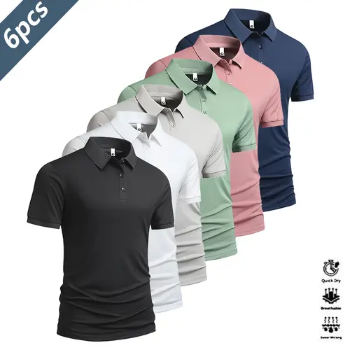 Men's Heavyweight Short Sleeve Polo Shirts (Pack of 6) - Durable, Quick Dry, Fitted Athletic Polo Shirts for Golf, Tennis, Equestrian Wear, Casual Parties, Various Colors