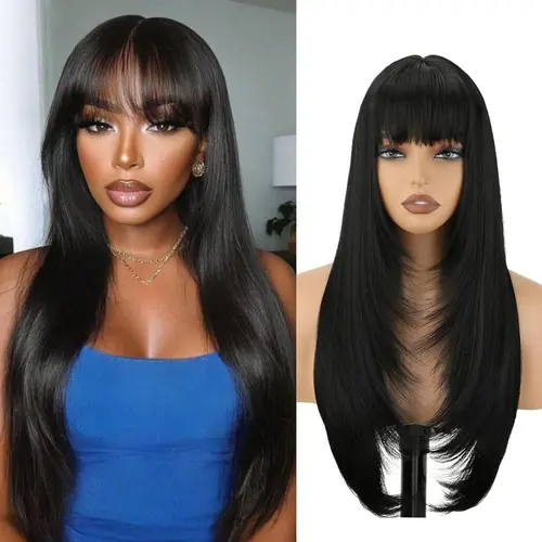 Women's 26in Natural Straight Premium Synthetic Full Machine Wig - Glueless Wear, Bangs, Bounce Layers, Secure Elastic Fit, Heat-Resistant, Wig Comb, Hand Wash for Daily & Party Use, Premium Synthetic Wigs, Glueless Wigs