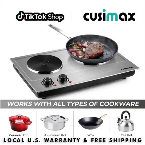 CUSIMAX 2-Burner,Corded Portable Hot Plate,1800W Stainless Steel Electric Cooktop, Dual Cast Iron Heating Plates, Auto Shutoff, Easy-to-Clean Silver Upgraded Version, Thermostatic Control, Ideal for Camping, Kitchen Use,SummerFinds,home essentials