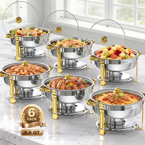 [Back To School] WARMOUNTS 6.5QT Gold Round Chafing Dishes - Kitchen Supplies, Mirror-Polish Stainless Steel Buffet Warmers with Glass Lid, Rolled Rim, Stackable Storage, Lid Holder, Dishwasher Safe (2/4/6 Multiple Packs) for Family Gatherings, Easter Br
