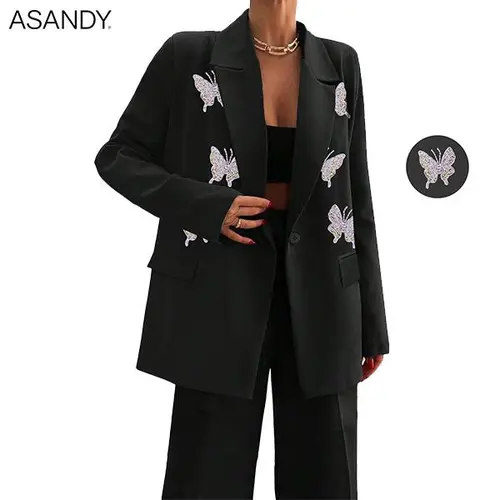 ASANDY Women's Oversized Aesthetic Long-Sleeve Polyester Jacket - Rhinestone Butterfly, Shiny Crystal Decoration, Elegant Street Style All-Seasons Piece for Fashionable Women (Everyday/Party Wear)