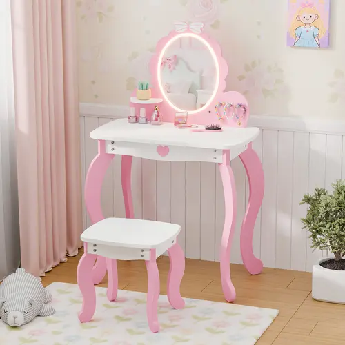 Topwin Kids Vanity Set, Kids Make up Vanity with Lighted Mirror and Stools, Princess Dressing Table for Toddler, Little Girl, Pink,dorm essentials,home decor