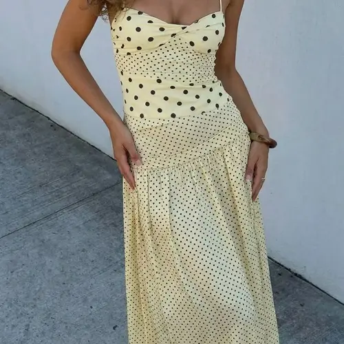 Women's Polka Dot Print Bohemian Halter Dress, Bust Twisted Ruched Sleeveless Backless A-line Slip Dress for Party, Date and Vacation, Casual Sundress, Sweet Cami Maxi Dresses, Ladies Summer Fashion Clothes, Casual Wear, Boho Sleeveless Dress