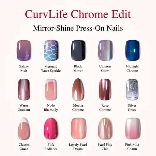 CurvLife Chrome Glow Collection Press-On Nails | 30PCS | Oval & Almond, Pink Pearl, Chameleon, Mirror & Metallic Chrome Finish, Glossy Jelly Shine, Summervibes | Non-Toxic Reusable Nails, Easy Application, Salon-Quality Chrome Nails for Everyday