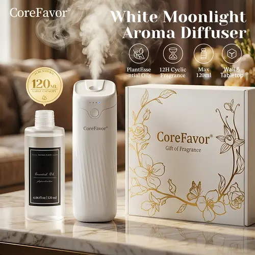 CoreFavor Waterless Essential Oil Diffuser with 120ml oil, wall-mountable and USB rechargeable, featuring 4 adjustable scent intensities and low-noise operation. Suitable for bedrooms, offices, bathrooms and cars.