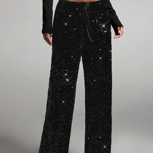Women's Fashion Elastic Waist Fitted Pants with Bow Detail, Knot, Sequin Decoration, Elegant Long Pants, Casual Wear, Casual Comfy Stretchy, Stylish and Comfortable, Bottom, Womenswear, Casual Style Bottoms