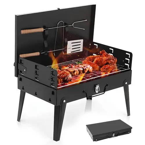 Heavy-Duty Portable Folding Cast Iron BBQ Charcoal Grill with Covered Lid and Ash Pan for Outdoor Camping, Backyard Picnics, Outdoors Essentials, Bbq Charcoal Grills
