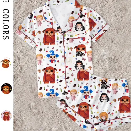 Women's Labyrinth Printed Sleepwear Loungewear Pajamas Set, Comfortable Two-Piece, Short Sleeve Button-Up Top and Elastic Shorts, Casual Home Wear