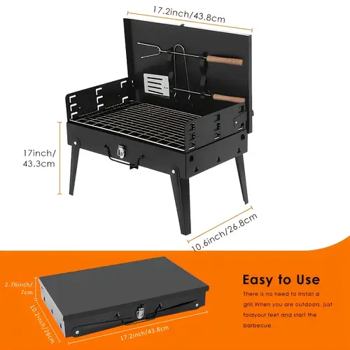 Foldable Cast Iron Charcoal BBQ Grill - Portable Travel Folding Grill with Windshield & Tools, Foldable Portable Barbecues for Camping, Picnics, Backyard Use, Sports & Outdoor Camping Accessories