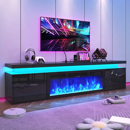 Modern Floating Fireplace TV Stand with LED Lights - 36"-40" Electric Fireplace, 70"-80" TV Console Table for Living Room Decor & Furniture (Fits Up to 80" Televisions),dorm essentials,home decor