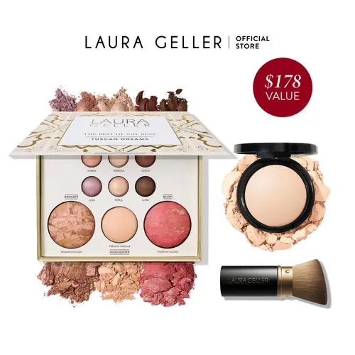 Laura Geller Baked Starter Kit Full Coverage Tuscan Dreams 3 PC Palette Foundation Brush Tuscan Dreams Palette Baked Balance-n-Brighten Foundation Kabuki Brush