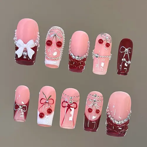 NailVesta CHERRY CRUSH – 100% Handcrafted 3D Press-On Nails | Reusable, Long-Lasting, Salon-Quality
