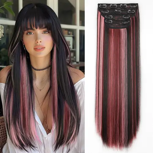 Women's 20-Inch Straight 4-Piece Layered Clip-In Hair Extensions, Blond Brown Mix Wine Red, Tangle-Resistant, Casual, Long, Simple Care & Maintenance, Straight Synthetic Hairpieces, Clip-In Hair Synthetic Extensions & Pieces