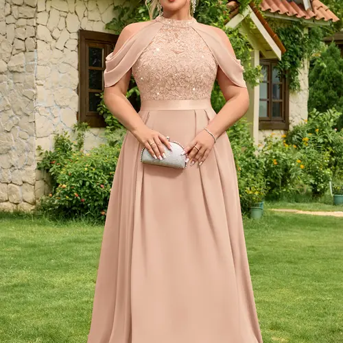 【Plus Size】MISSMAY P25636A Women's Plus Size Sequin Lace Halter Maxi Dress with Cape Sleeves, Formal Evening Party Attire for Valentine's Day,summeroutfits,vacationoutfits,beachoutfits Bride Elegant