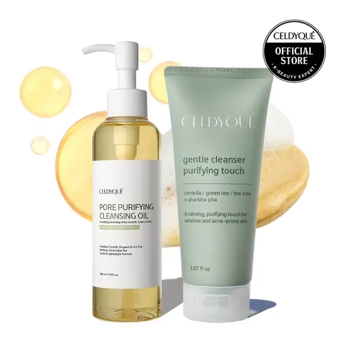 [CELDYQUE] Korean Gentle Dual-Action Facial Cleanser Duo - Centella Blend Foaming Face Wash, Tea Tree & LHA Soothing Lightweight Cleansing Oil, Pore-Clearing Acne Care for Sensitive Skin, Daily Skincare