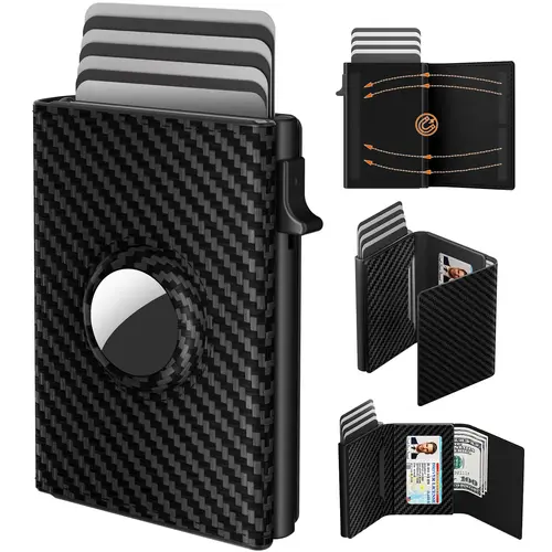 Men's Smart Leather Wallet with AirTag Holder - RFID Blocking, Slim, Carbon Fiber, Minimalist, 6-9 Card Capacity, ID Window, Cash Slot, Anti-Tracking Fashion Wallet, Father's Day Birthday Gift, Father's Day Gifts, Anti-Tracking Men's Wallets