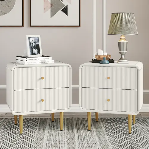 HLR Modern White Bedroom Nightstand - Recessed Bedside Table with 2 Storage Drawers, Gold Metal Handles, Smooth Glide Track, Scratch-Resistant & Waterproof Surfaces, Wooden Accent Side Table for Bedrooms