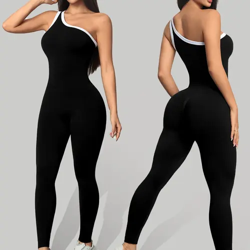 Women's Colorblock Sporty Jumpsuit, Activewear Jumpsuit, Yoga & Casual Wear, Above the Ankle Design, All Seasons Fashion, Athleisure Style, Comfortable One-Piece, Sports Jumpsuits, Workout Jumpsuits