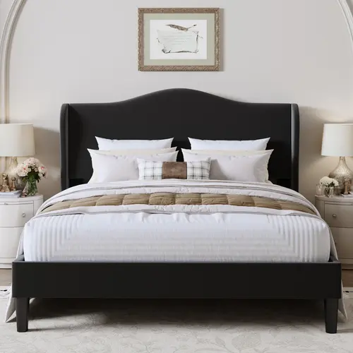 SHA CERLIN Modern Minimalist Velvet Upholstered Platform Bedframe - Curved Wingback Headboard, Heavy-Duty Wood Slat Construction, Full/Queen/King Sizes, Box-Free Setup, Black Velvet Fabric, Elegant Clean Aesthetic Bedroom Furniture, Bed Frame For Queen