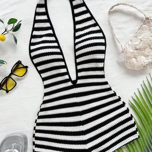 Women's New Fashion Comfortable Versatile Casual Deep V Neck Halter Striped Knit Romper Vest Jumpsuit Shorts Set, Stylish All-Season Wear, Womenswear