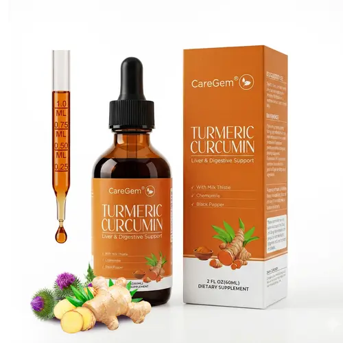 CareGem Turmeric Curcumin & Milk Thistle Liquid Drops for Liver Health Support | Herbal Blend with Dandelion, Chamomile, Black Pepper & Ginger | Orange Flavor | 2 fl oz