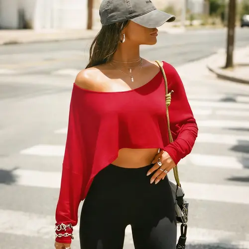 Fisoew Women's Off-Shoulder Long-Sleeve Cropped Knitwear - Loose Batwing Asymmetrical Cute Top, Trending Clothes for Everyday Casual, Sports Wear, Womenswear Clothes