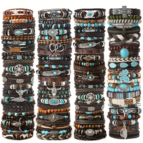 Unisex Bohemian Multilayered Woven Faux Leather Bangle Bracelets - Bracelet Jewelry with Feather & Floral Charms, Casual Wrist Stack Accessories for Daily Wear